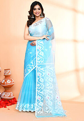 Handloom Jamdani Art Silk Saree in Blue