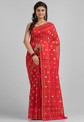 Handloom Jamdani Art Silk Saree in Red