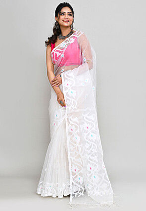 Handloom Jamdani Art Silk Saree in White