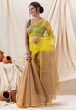 Handloom Jamdani Cotton Saree in Beige and Yellow
