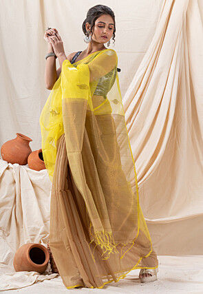 Handloom Jamdani Cotton Saree in Beige and Yellow