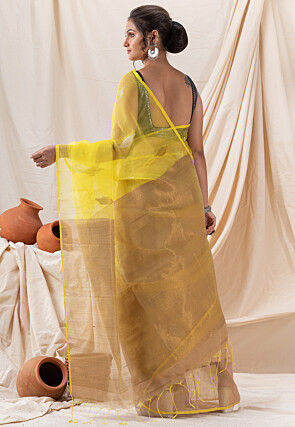 Handloom Jamdani Cotton Saree in Beige and Yellow