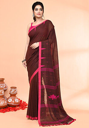 Handloom Jamdani Cotton Saree in Brown