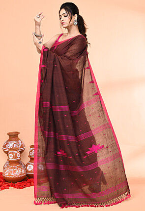 Handloom Jamdani Cotton Saree in Brown