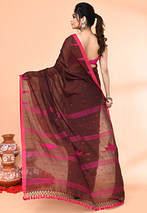 Handloom Jamdani Cotton Saree in Brown