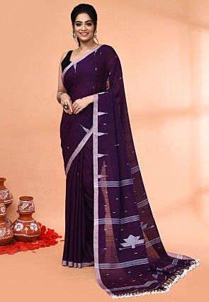 Handloom Jamdani Cotton Saree in Dark Purple
