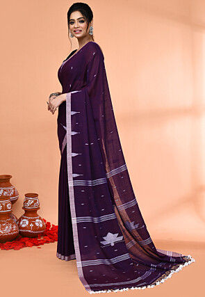 Handloom Jamdani Cotton Saree in Dark Purple