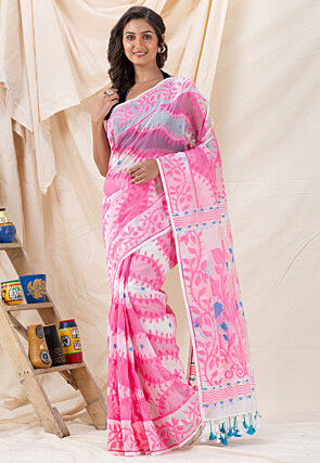 Handloom Jamdani Cotton Saree in White and Pink