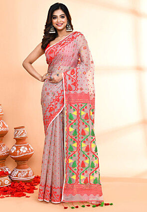 Handloom Jamdani Cotton Silk Saree in Light Grey