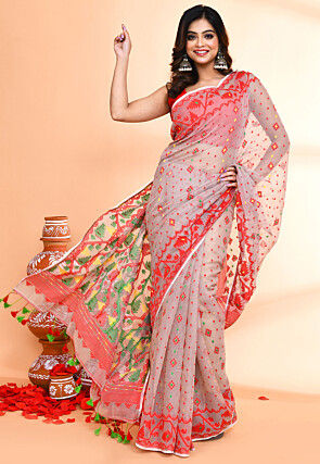 Handloom Jamdani Cotton Silk Saree in Light Grey