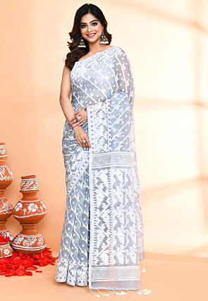 Handloom Jamdani Cotton Silk Saree in Light Grey