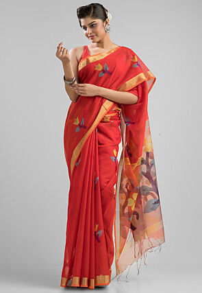 Handloom Jamdani Cotton Silk Saree in Red