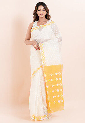 Handloom Jamdani Cotton Silk Saree in White