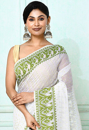Handloom Jamdani Cotton Silk Saree in White