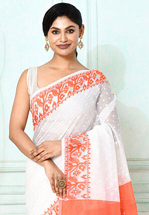Handloom Jamdani Cotton Silk Saree in White