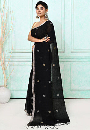 Handloom Jamdani Linen Silk Saree in Black