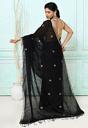 Handloom Jamdani Linen Silk Saree in Black