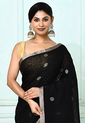 Handloom Jamdani Linen Silk Saree in Black