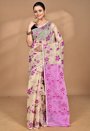 Handloom Pure Cotton Dhakai Jamdani Saree in Beige