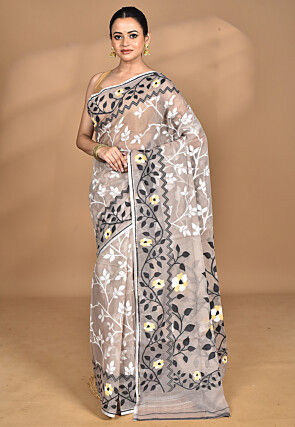 Handloom Pure Cotton Dhakai Jamdani Saree in Dusty Beige