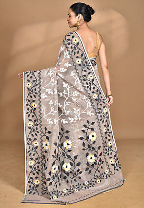 Handloom Pure Cotton Dhakai Jamdani Saree in Dusty Beige