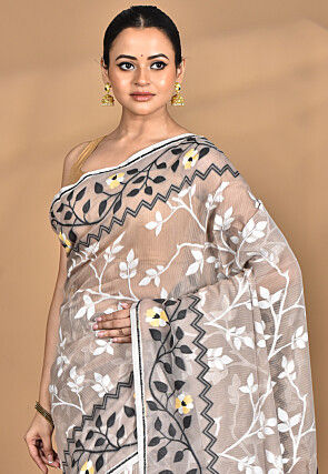 Handloom Pure Cotton Dhakai Jamdani Saree in Dusty Beige