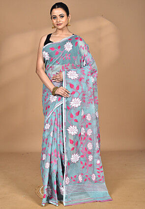 Handloom Pure Cotton Dhakai Jamdani Saree in Dusty Blue
