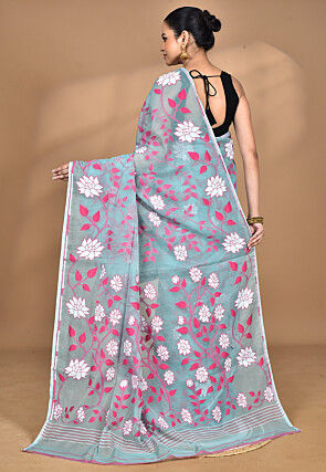 Handloom Pure Cotton Dhakai Jamdani Saree in Dusty Blue