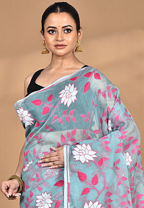 Handloom Pure Cotton Dhakai Jamdani Saree in Dusty Blue