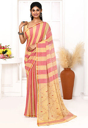 Handloom Jamdani Pure Cotton Saree in Beige and Pink
