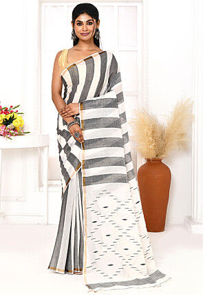 Handloom Jamdani Pure Cotton Saree in Dark Grey and White