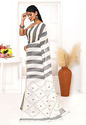 Handloom Jamdani Pure Cotton Saree in Dark Grey and White