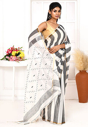 Handloom Jamdani Pure Cotton Saree in Dark Grey and White