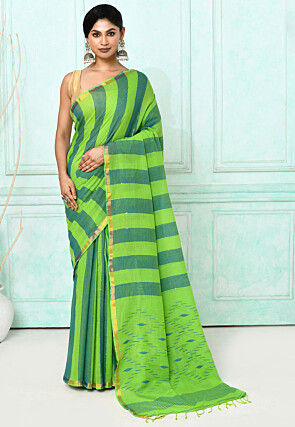Handloom Jamdani Pure Cotton Saree in Green and Teal Green