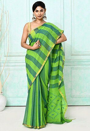 Handloom Jamdani Pure Cotton Saree in Green and Teal Green