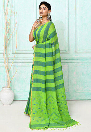 Handloom Jamdani Pure Cotton Saree in Green and Teal Green