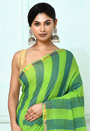 Handloom Jamdani Pure Cotton Saree in Green and Teal Green