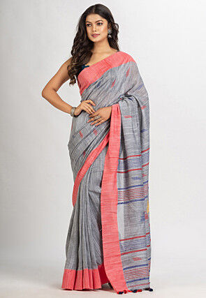 Handloom Jamdani Pure Cotton Saree in Grey