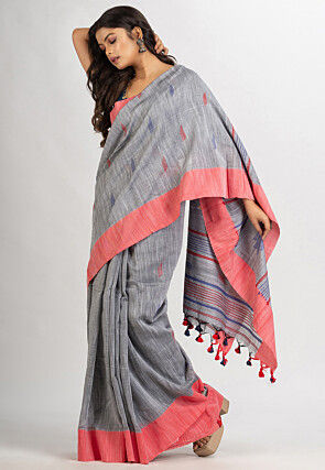 Handloom Jamdani Pure Cotton Saree in Grey