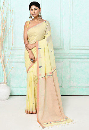 Handloom Jamdani Pure Cotton Saree in Light Yellow