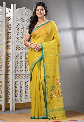 Handloom Jamdani Pure Cotton Saree in Mustard