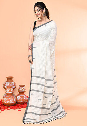 Handloom Jamdani Pure Cotton Saree in Off White