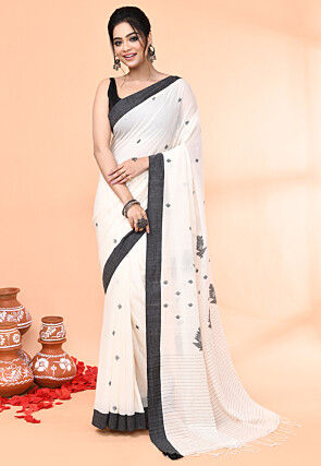 Handloom Jamdani Pure Cotton Saree in Off White