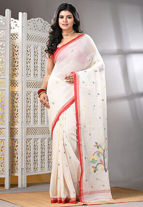 Handloom Jamdani Pure Cotton Saree in Off White