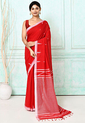 Handloom Jamdani Pure Cotton Saree in Red
