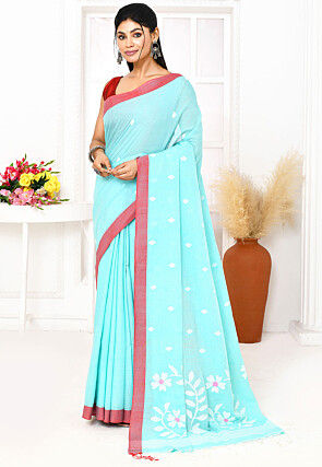 Handloom Jamdani Pure Cotton Saree in Sky Blue