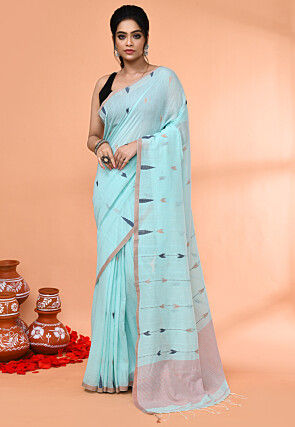 Handloom Jamdani Pure Cotton Saree in Sky Blue