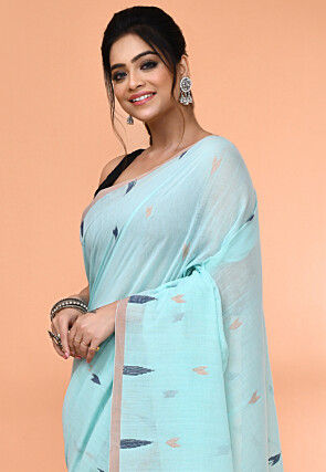 Handloom Jamdani Pure Cotton Saree in Sky Blue