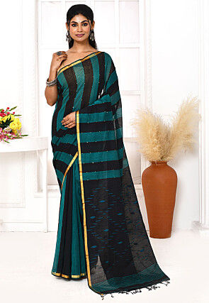 Handloom Jamdani Pure Cotton Saree in Teal Blue and Black