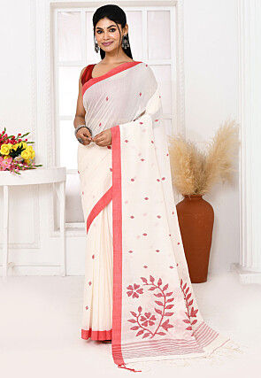 Handloom Jamdani Pure Cotton Saree in White